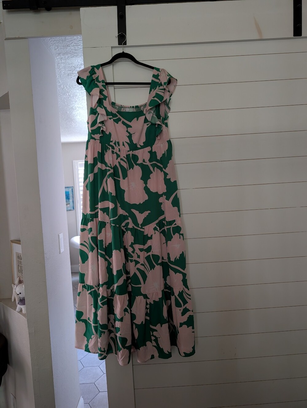 Emerald Green Floral Maxi Dress | Ruffle Sleeve Tiered Cottagecore Maxi | Large